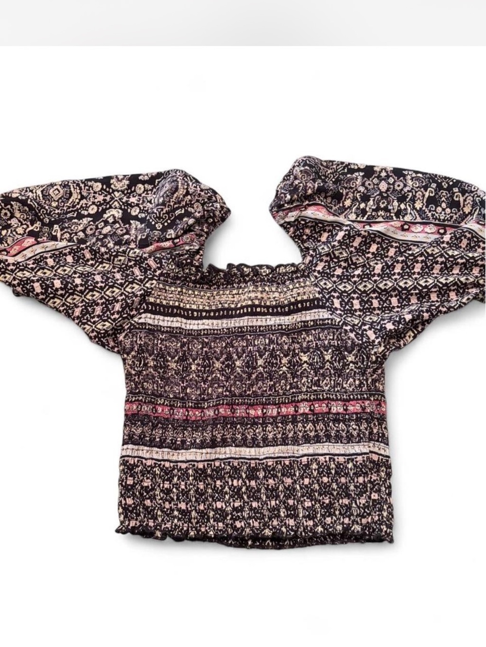 Smocked Square-Neck Peasant Top in Brown & cream paisley & floral print. - Picture 5 of 8